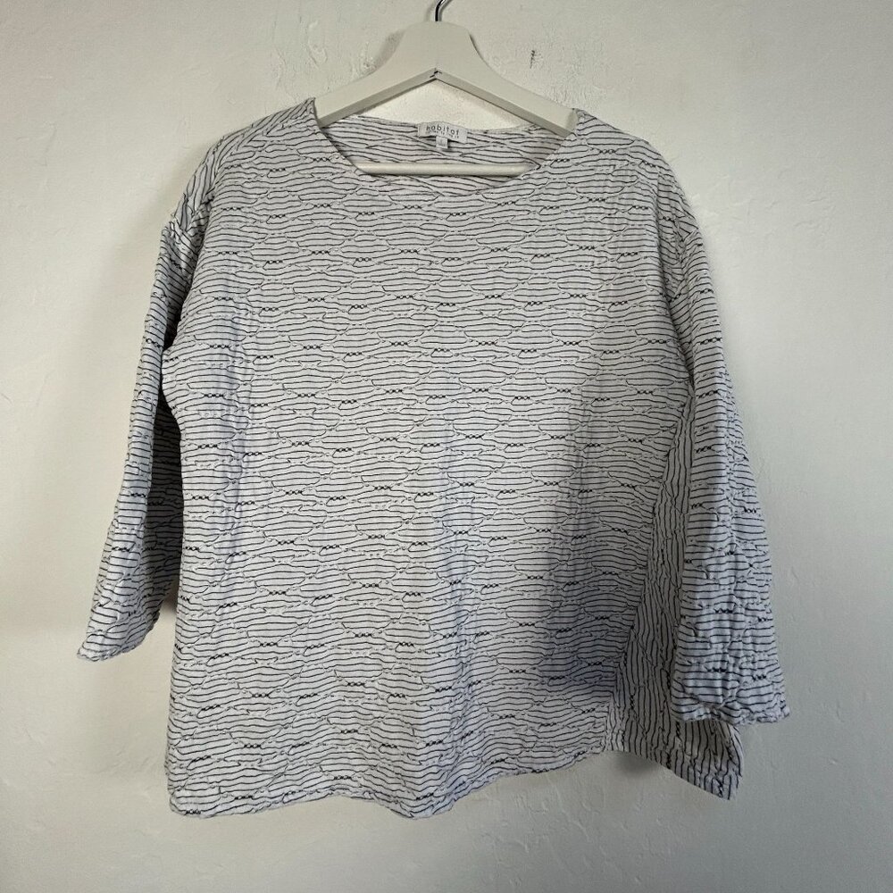 Habitat Womens Textured White & Black Striped 3/4 Sleeve Knit Top Large Stretch